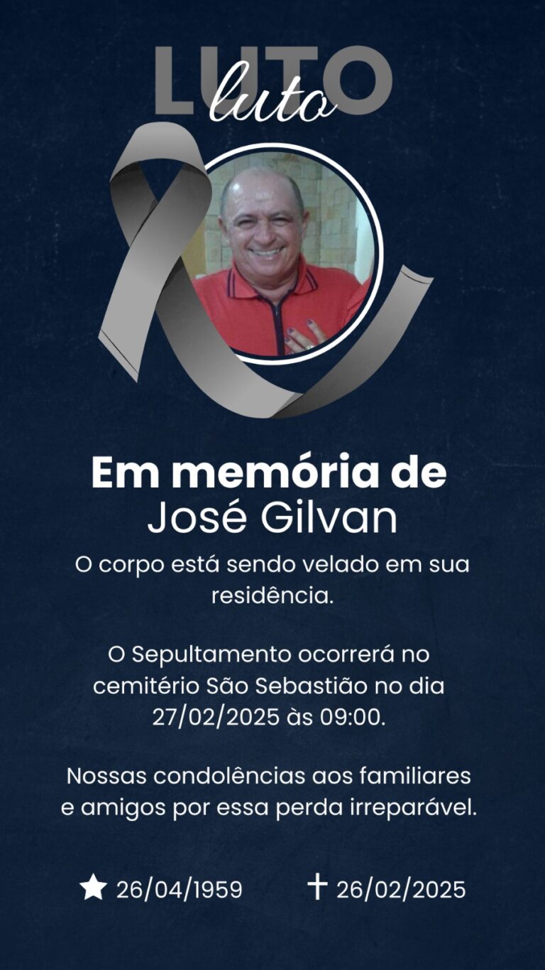 É com profundo pesar que informamos o falecimento do senhor José Gilvan. José Gilvan era pai do amigo Marcos Daian, perito do Instituto tecnico e cientifico de pericia- ITEP em Mossoró-RN. Nosso pesar pela perca irreparavel.